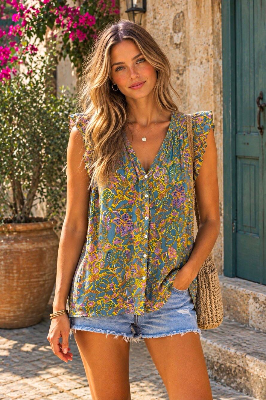Cleobella Floral 100% Organic Cotton V Neck Button Ruffle Blouse Women’s S